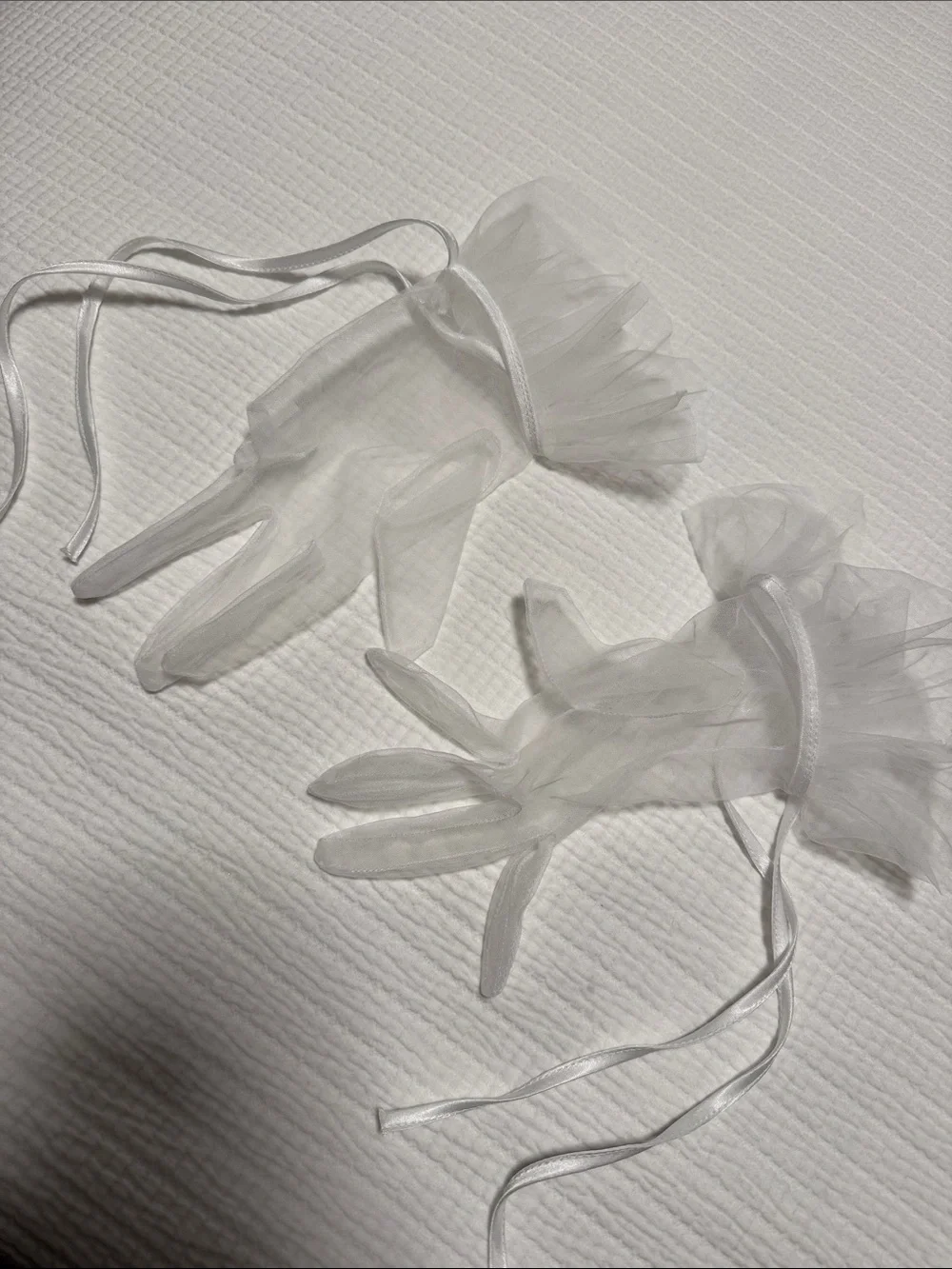 Sheer Organza Wrist Gloves with Ruffle Trim - White